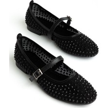 Siyah Cilt Kadın Taş Detaylı Fileli Günlük Babet