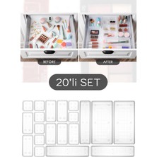 20 Parça Şeffaf Çekmece Düzenleyici Seti, Mutfak ve Kozmetik Organizer