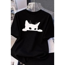 Kadınlar Için Siyah Kedi Grafik Tişört - Oversize Kısa Kollu Üst Nefes Alabilir - Siyah