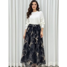 Fibula Tül Filok Baskı Bel Lastikli Astarlı Etek