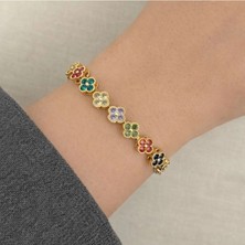 Nati Co Altın Renk Renkli Taşlı Çiçek Figürlü Zarif Kadın Bileklik