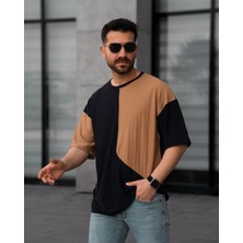 Man Klas Tişört Parçalı Desen Oversize Kalıp Bisiklet Yaka Erkek T-Shirt