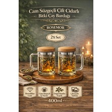 Rosemor 2li Borosilikat Çift Kat Bitki Çay Bardağı 400 Lm Cam Süzgeçli Bambu Kapaklı Kupa Kulplu Demlik Modeli