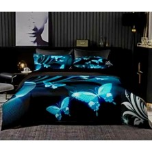 Elmas Dizayn Özel Tasarım Marka 240X260 cm 5d Çift Kişilik Nevresim Takımı Pamuk Saten Neon Kelebek Mavi Siyah