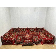 Coton Şark Köşesi Apaçi Desenli Minder, Kilim, Orta Puf Takımı Konsept Kırmızı 19 Parça