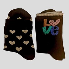 Egs Textile Kadın Siyah Love & Kalp Desenli Dikişsiz Çorap 2’li Paket 36-40 Numara
