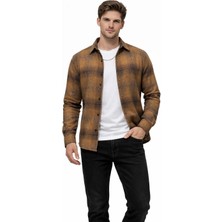 Cococan8 Erkek  Oduncu  Gömlek Slim Fit Uzun  Kol  Ekose  Desen  Açık  Kahve Akrilik Kumaş Yumuşak Dokulu