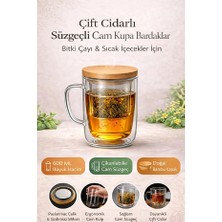 Rosemor 1 Adet Süzgeçli Cam Kupa Bardak 400 ml Çift Cidarlı Isı Yalıtımlı Bambu Kapaklı Bitki Çayı Fincanı Seti