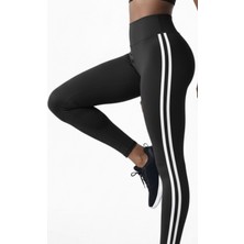 H1Style Yüksek Bel Sporcu Sıkılaştırıcı Çizgili Esnek Tayt Siyah