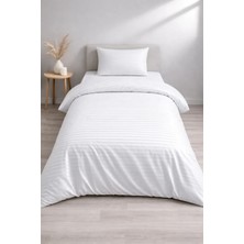 Vionetta Pamuk Saten Otel Serisi Tek Kişilik Nevresim Takımı Beyaz Çizgili Lastikli Çarşaflı