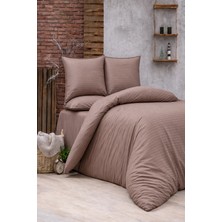 Vionetta Pamuk Saten Kahve Çizgili Otel Serisi Lastikli Çarşaflı Çift Kişilik Nevresim Takımı