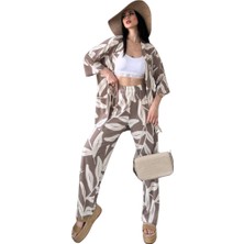 Alt Üst Takım Kimono- Desenli-Kahverengi