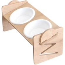 MarkEntegra Ayarlanabilir Ahşap ve Plastik Taslı Kedi Köpek Mama ve Su Kabı - Beyaz