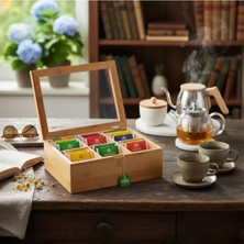 MarkEntegra 6 Bölmeli Bambu Çay Kutusu - Mıknatıslı Kapak, 21X16,5X7 cm