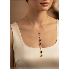 Nati Co Çok Renkli Baget / Kare Taşlı Gold Renk Kolye