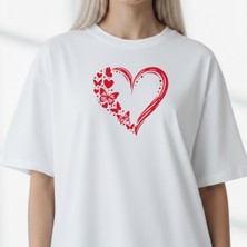 Etoile Studio Kırmızı Siyah Kalp Kelebek Baskılı Oversize Kesim Bisiklet Yaka Oversize Tişört