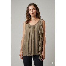 Della Moor Camel Italyan Sıfır Kol Önü Fırfırlı Astarlı Ipek Bluz