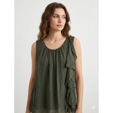 Della Moor Haki Italyan Sıfır Kol Önü Fırfırlı Astarlı Ipek Bluz