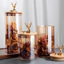 MarkEntegra Geyik Temalı Altın Renk Detaylı Cam Saklama Kavanozu, 9X15 cm