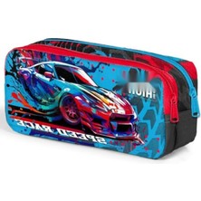 MarkEntegra Iki Bölmeli Kalem Çantası - Gri Mavi Yarış Arabası Tasarımı