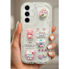 Coolacs Samsung Galaxy A56 Kılıf 3D Sevimli Tavşan ve Ayıcık Figürlü Kabartmalı Dalgalı Wavy Şeffaf Kapak
