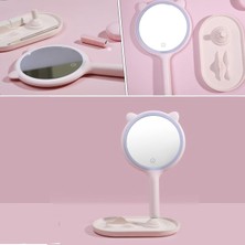 N&M Store Kedi Kulaklı Telefon Standlı Yuvarlak Dokunmatik LED Ayarlı Masa Üstü Makyaj Aynası