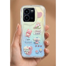 Coolacs Vivo Y35 & Vivo Y22S Kılıf 3D Sevimli Tavşan ve Ayıcık Figürlü Kabartmalı Dalgalı Wavy Şeffaf Kapak