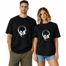 Kidilia Kulaklık Görselli Unisex Bisiklet Yaka Tasarım Tshirt - Beden: Lrenk: Siyah
