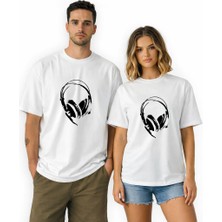 Kidilia Kulaklık Görselli Unisex Bisiklet Yaka Tasarım Tshirt - Beden: Lrenk: Beyaz