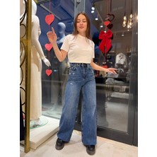 Asl Woman Kadın Yüksek Bel Kesik Paça Wide Leg Vintage Mavi Jean Pantolon