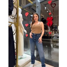 Asl Woman Kadın Yüksek Bel Straight Fit Kesik Paça Koyu Mavi Jean Pantolon