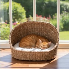 MarkEntegra Oval Gölgelikli Hasır Kedi ve Köpek Yatağı - 46X35 cm