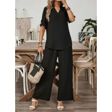 Kadın Kısa Kollu V Yakalı Aerobin Bluz ve Pantolon Ikili Takım