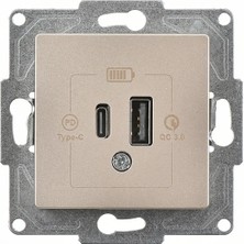 Günsan Elektrik Eqona  Radius  Neoline 2 Çıkışlı USB Şarj Prizi, 20W, Type C + Type A, Metalik Bej (Mekanizma + TuşKapak)