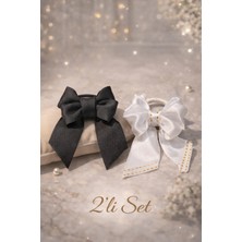 Nati Co Siyah & Beyaz Dantel Fiyonk Lastik Toka 2’li Set – Zarif Kız Çocuk Saç Aksesuarı