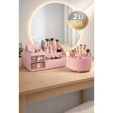 Çekmeceli 360° Dönen 5 Bölmeli Makyaj Organizeri, Pembe Ikili Set