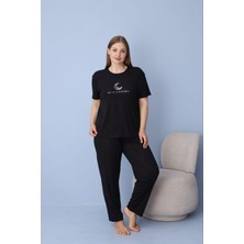 Temporium Kadın Büyük Beden Baskılı Kısa Kollu Dublin Kumaş Örme Pijama Takımı