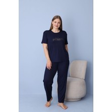 Temporium Kadın Büyük Beden Baskılı Kısa Kollu Dublin Kumaş Örme Pijama Takımı