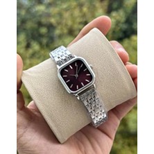 Gümüş Renkli Klasik Lüks Kadın Saat - Bordo Kadran