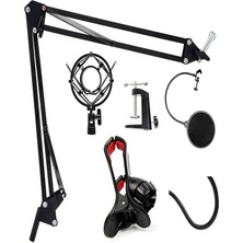 Mikrofon Standı Süspansiyonlu + Pop Filter 3'lü Set Telefon Tutucu Masa Standı 110 cm Ses Kayıt
