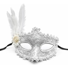 Kaia Life Lüks Beyaz Tüylü Venedik Maskesi – Taşlı Dantel Tasarım