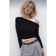 Avakado Çift Asimetrik Kayık Yaka Regular Boy Uzun Kollu Bluz