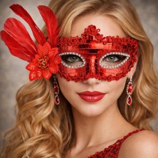 Kaia Life Kırmızı Tüylü Payetli Lüks Taşlı Parti Maskesi