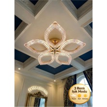 Yonca Model Gold 5"li Ledli 3 Renk Modu Kristal Salon Mutfak Yatak Çocuk Odası Avize