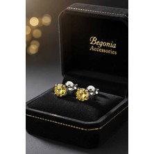 Begonia Accessories 925 Ayar Gümüş Çift Küpe Antialerjik Sarı Zirkon Tek Taş Unisex Pimli Erkek Kadın Takı Seti