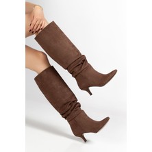 Ellolita Luxury Shoes SR-2001 Kahverengi Süet Topuklu Günlük Bayan Çizme