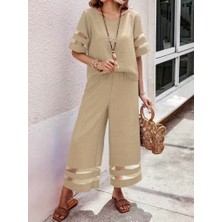 Gökyüzü Moda Kadın Kısa Kollu Bisiklet Yakalı Tül Şerit Detaylı Bluz ve Pantolon Ikili Takım