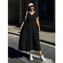 Kendim Fashion Kadın Kısa Kollu V Yakalı Pileli Uzun Janjan Krep Elbise