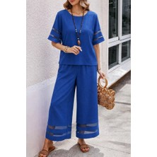 Mç Plus Kadın Kısa Kollu Bisiklet Yakalı Tül Şerit Detaylı Bluz ve Pantolon Ikili Takım