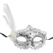 Shopwave Gümüş Payetli Pullu Beyaz Renk Yandan Tüylü Parti Maskesi 18X22 cm (5047)